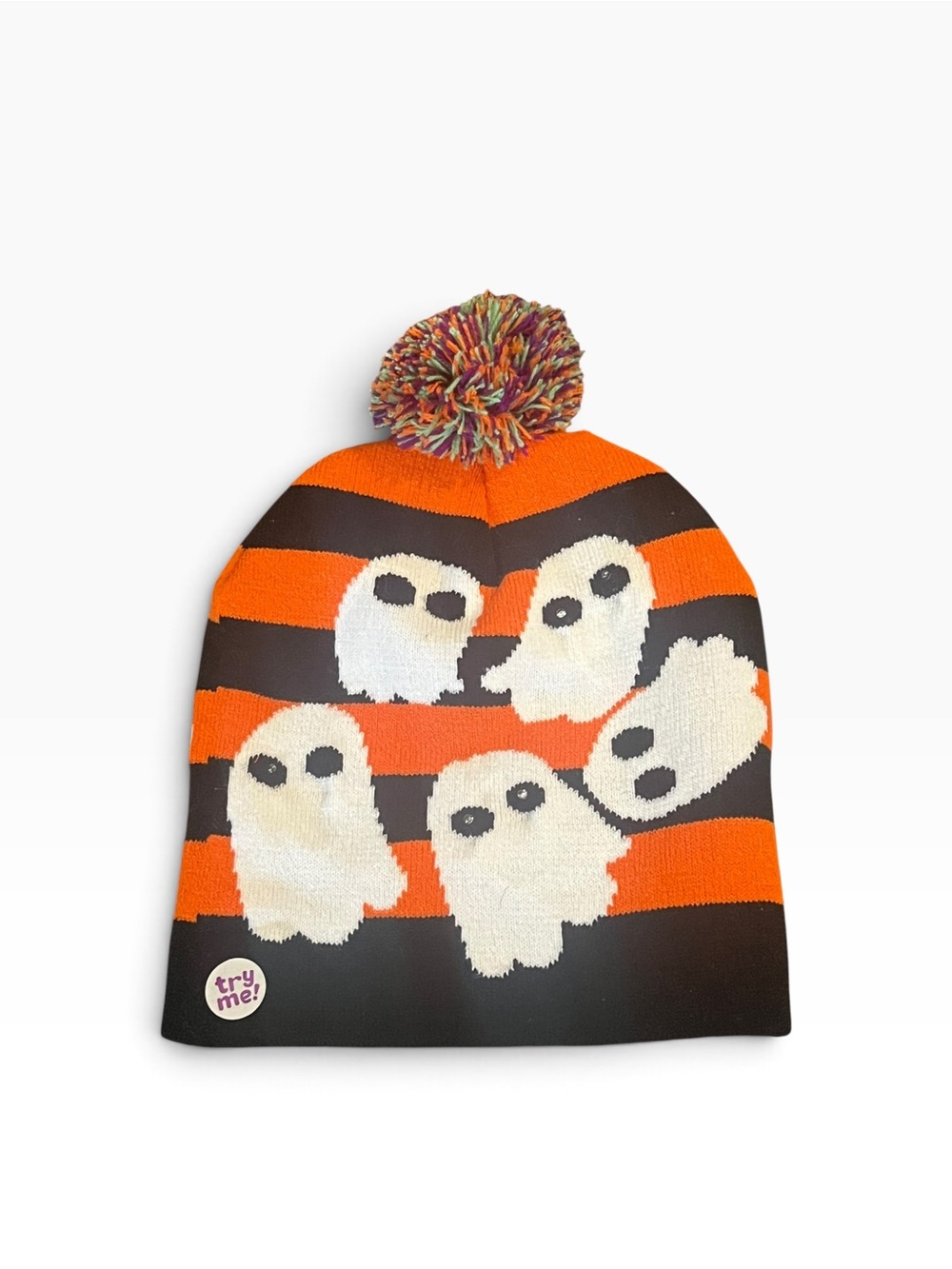 Kids Multicolor Pom-Pom Beanie Hat with Ghosts - Orange & Black